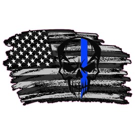 American Flag Decal with Thin Blue Line Skull Design, Distressed Patriotic Car Sticker (18" x 10")