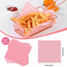 SUCCEFORT SUCCEFORT 100 Pieces Wax Paper Sheets 7x7 Inch, Food Basket Liners Deli Wax Paper Sheets for Wrapping Bread Sandwiches Fries, Pink Checkered