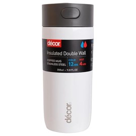 Décor Insulated Cool Touch Double Wall Travel Coffee Cup, Leak Proof Seal and Button Press Release Drink Feature. Vacuum Insulated 4 Hour Hot and 12 Hours Cold. White 350ml.