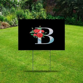 Monogram Blue Initial Letter B Lawn Signs with Stakes Lawn Yard Decorations for Rent 12x18 Inch Custom Lawn Sign Peony Flower Red Garland Metal Yard Signs with Stakes for Gender Reveal Garage Sale