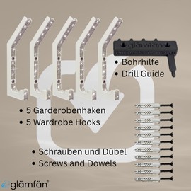 5 Coat Hooks with Rhinestones - Luxury Wall Hooks in Glamour Design - White/Silver - Decoration and Coat Hooks for Hallway, Bedroom and Dressing - 15 mm