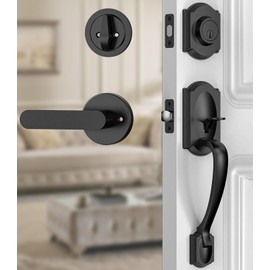 Calzibeno Front Door Lock Set, Black Front Door Handle and Deadbolt Set, Vintage Exterior Door Lock Set, Front Door Handle with Single Cylinder, Reversible for Right & Left, Matte Black