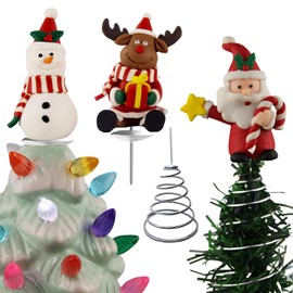 3Pack Ceramic Christmas Tree Replacement Topper Decorations-Includes Snowman/Santa Claus/Reindeer, Matching Metal Spring Base Can Also Be Used As A Xmas Flocked Trees.