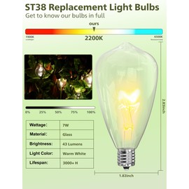 Txcigech ST38 Replacement Bulbs 10-Pack - 7W E12 Candelabra Base Clear Glass Light Bulbs, Vintage Incandescent for Outdoor String Lights, Patio, Garden Decor