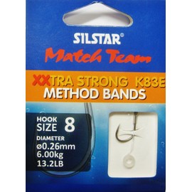 SILSTAR Match Team 24 (4 packs of 6) K83E - Wide Gape XTRA STRONG (Method Power Band Rigs) Barbless Hair Rig Fishing Hooks - Available in size 8, 10, 12 and 14 (4 packs - Size 8 to 0.26mm of 13.2lb)