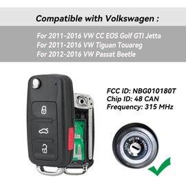 GZXNKEY 4 Buttons Replacement Flip Car Remote Key Fob for Volkswagen VW Golf CC EOS GTI Jetta Tiguan Touareg 2011-2016 / for VW Beetle Passat 2012-2016 FCC ID:NBG010180T P/N:5K0 837 202 AE
