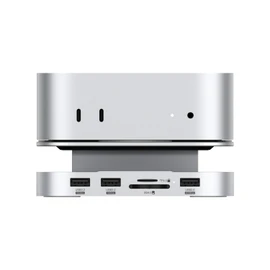 Qwiizlab Aluminum Stand Hub with SSD Enclosure, Docking Station for Mac mini M4/M4 Pro, 2 USB-A 10Gbps, TF/SD 4.0 Card Readers 312MB/s, USB-A 2.0, Fits M.2 NVMe SSD up to 8TB (Silver)