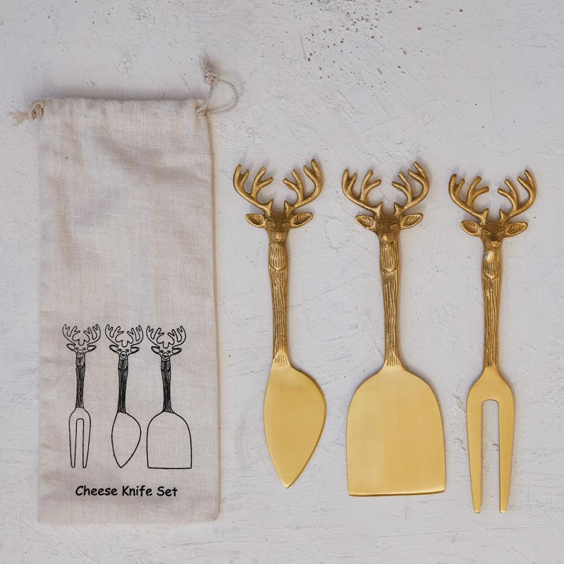 Creative Co-Op Reindeer Handle Brass Cheese Knives, Brass, Set of