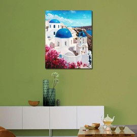 TUMOVO Santorini Paint by Number Art Kit for Adults & Kids, 16x20 Waterproof Canvas, Acrylic Paint, Brushes - Romantic Landscape DIY Oil Painting Craft