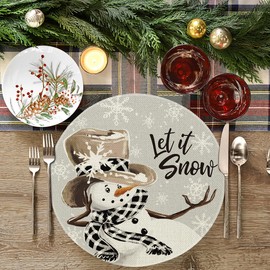 Artoid Mode Grey Snowman Snowflakes Christmas Placemats Set of 4, Round 37cm Seasonal Winter Xmas Holiday Vintage Washable Table Mats