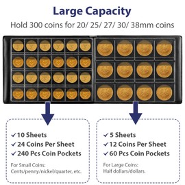 Aptbyte Coin Collection Supplies Holder Book for Collectors, 300 Pockets Coin Collection Organizer Storage Box Case Album for 20/25/ 27/30/ 38mm Coins (Vintage pattern blue)