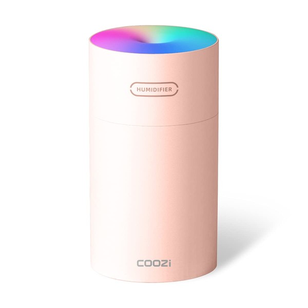 Coozi Compact ULV Aurora Humidifier, Humidifying/Aroma Diffusing, Two Misting Modes, Soothing Low White Noise, Aurora Vibe Light/White Night Light, Auto Shut-off, Fits in Cars(Pink)
