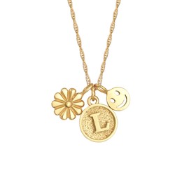 Elli Women's Flower Necklace with Smiling Face Disc Pendant Letter L in 925 Sterling Silver Gold-Plated, 45 cm, Sterling Silver, None