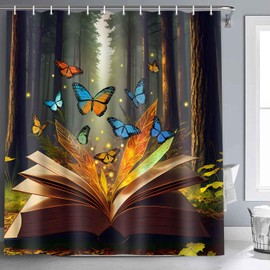 NTETSN Fantacy Fairy Tale Forest Shower Curtain Neon Leaves Firefly Blue Butterfly on The Opened Book Curtain Set Bathroom Decor Large Size 72" x 72" YLZYNT652