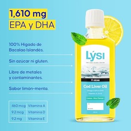 LYSI Omega 3 en Aceite de Hígado de Bacalao EPA DHA 240 ml, Sabor Limón