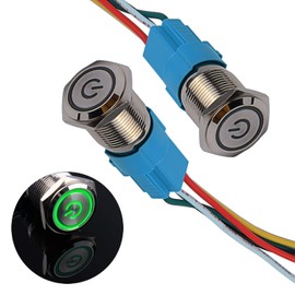 JIQI 2 x 16 mm latching pressure switch, metal, 12 V to 24 V, 3 A, latching on/off switch with green LED symbol, IP66, 1NO1NC, self-locking waterproof pre-wired push button for boat, truck, RV, car