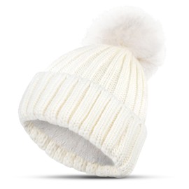 KEECOW Winter Hats Women Winter Warm Knit Hat Wool Snow Ski Hats Soft Beanie Hat Winer Beanies for Women with Double Layer Fleece Liner with Faux Fuzzy Fur Pom(White)