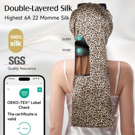 YFONG Double-Layered 100% Pure Mulberry Silk Bonnet for Long Hair, 22 Momme Hair Bonnet for Sleeping with Elastic Tie Band, Real Silk Sleep Cap for Women Long Curly, Leopard