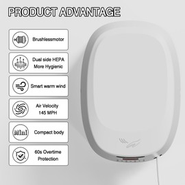 Oxassessly Commercial Compact Hand Dryer with HEPA Filter,High Speed Auto Warm Wind Hand Dryers for Bathrooms,Brushless Motor,60S Overtime Protection (White)