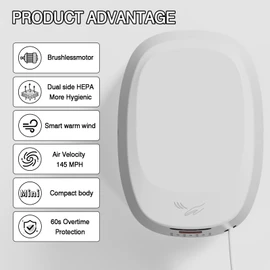 Oxassessly Commercial Compact Hand Dryer with HEPA Filter,High Speed Auto Warm Wind Hand Dryers for Bathrooms,Brushless Motor,60S Overtime Protection (White)