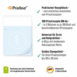 PRINTINO® Doctor Recipe Pad - Private Recipes for Doctors in Private Recipe Pad - 2 Pads of 100 Sheets Each with Blank Form in Blue DIN A6 with Private Recipe as a Template for Doctors and Naturopaths