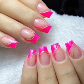 Mkwntg Pink Press on Nails Medium Square Fake Nails French Tip False Nails with Gold Glitter Line Designs Glossy Full Cover Glue on Nails Hot Pink Artificial Nails for Women Girls Nail Decor 24Pcs