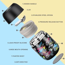 17 oz Insulated Lunch Containers Hot Food Jar, Wide Mouth Lunch Thermo for Kids Adults, Vacuum Stainless Steel Lunch Box With Handle Folding Spoon for School, Office Black - Car