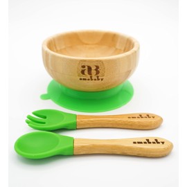 Amonev Bamboo Baby Bowls with Suction Spoon and Fork Set. Bowls Secure in Place Making Mealtime a Joy Natural Bamboo BPA Free Bowl is Also Easy to Clean (Green)
