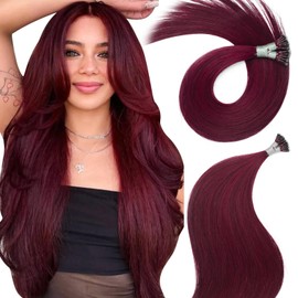 MioYio Nano Hair Extensions Human Hair A99j#-Burgundy Grape Red 20inch 40G/40S/Pack Nano Bead Hair Extensions Human Hair Nano Ring Hair Long Straight For Women