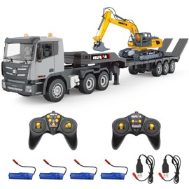 Fistone RC Semi Truck & Excavator Set, 2.4Ghz Remote Control Toys, 1:24 RC Semi-Trailer Engineering Tractor With Sound and Lights, Construction Vehicles for Boys