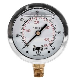 Winters 2-1/2" Dial Size, Liquid Filled Pressure Gauge, Potable Brass Internals, 304 Stainless Steel Case, Dual Scale 0-60 psi/kPa, 1.5% Acc, 1/4" NPT Bottom Mount, Drinking Water Pressure Gauge