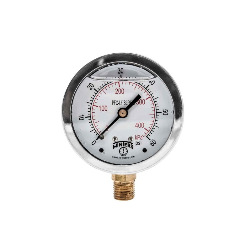 Winters 2-1/2" Dial Size, Liquid Filled Pressure Gauge, Potable Brass