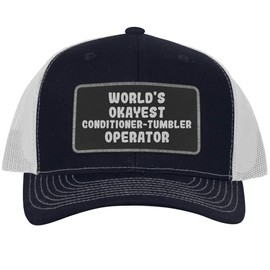 World's Okayest Conditioner-Tumbler Operator - Leather Black Patch Engraved Trucker Hat, Navy-White, One Size