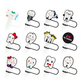 Generic Straw Cover Cap Accessory | 12pcs | Compatible with 6-8mm straws| Reusable | Fun and Cute Designs (Dentist), FruStrawCap2