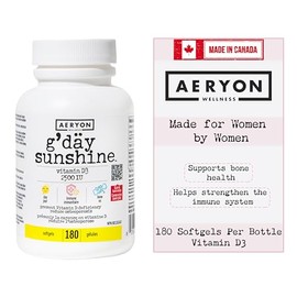 G'day Sunshine Vitamin D3 2500 IU Softgels by Aeryon Wellness | Made in Canada | Helps prevent Vitamin D Deficiency | Reduces Osteoporosis | 180 Softgels