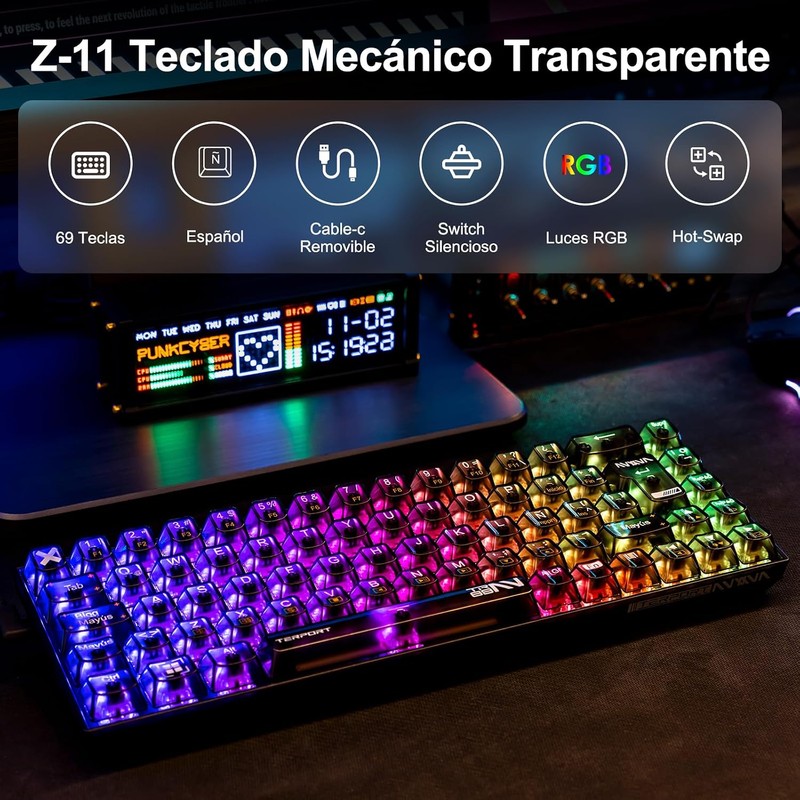 TERPORT Teclado Mecánico Transparente de RGB Retroiluminación, Z11 E158 Teclado