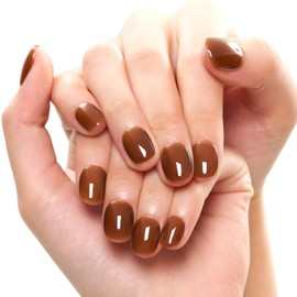 GLAMERMAID Press on Nails Extra Short Squoval, Handmade Brown Jelly Gel Glue on Nails, 24Pcs Glossy Round Reusable UV Finish Fake Nails Acrylic False Nails Manicure Kits for Women