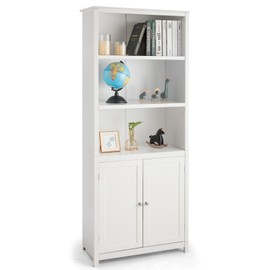Wenst'sKufAN Nightcore 5-Tier Bookcase with Doors, Floor Standing Bookshelf with Storage, Adjustable Shelves, Pantry Cabinet, Wooden Display Shelf for Home, Office, Living Room, Bedroom (White)