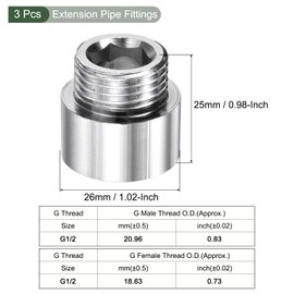 YOKIVE 3 Pcs Extension Pipe Fitting, G1/2 Female to G1/2 Male Thread Reducer Adapter Connector, Great for Bathroom Pipe Device, Water Pipe (Silver, 15-mm)