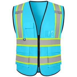 Safety Vest Reflective High Visibility with 5Pockets and Zipper Class 2 Unisex 5Colors Construction Security Outdoor Workwear, Fba-blue, Large