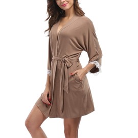 Old-Times Women's Short Modal Cotton Robes Sexy Soft Knit Nightgowns with Lace Trim Lightweight Bathrobe,Khaki L