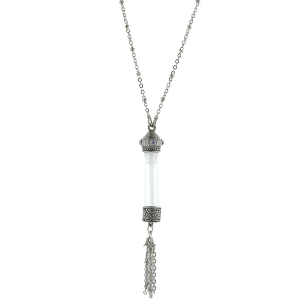 1928 Jewelry Glass Vial With Blue Crystal Stone Tassel Pendant Necklace 30 Inches