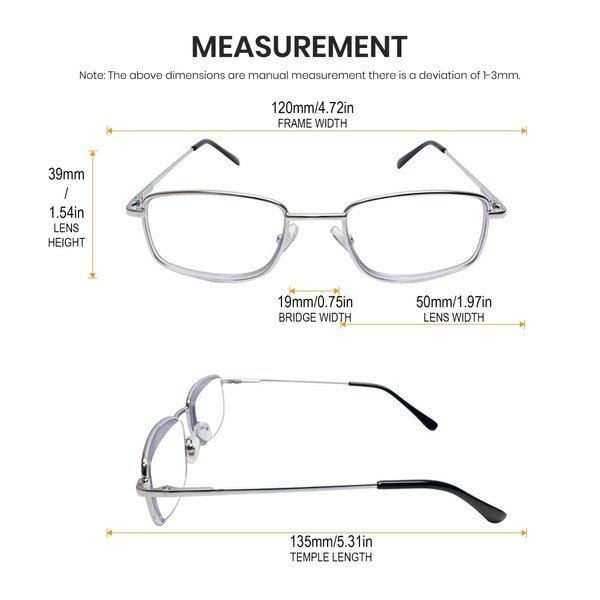 Calabria R754 Rectangular Metal Reading Glasses +1.25 Shiny Silver Men