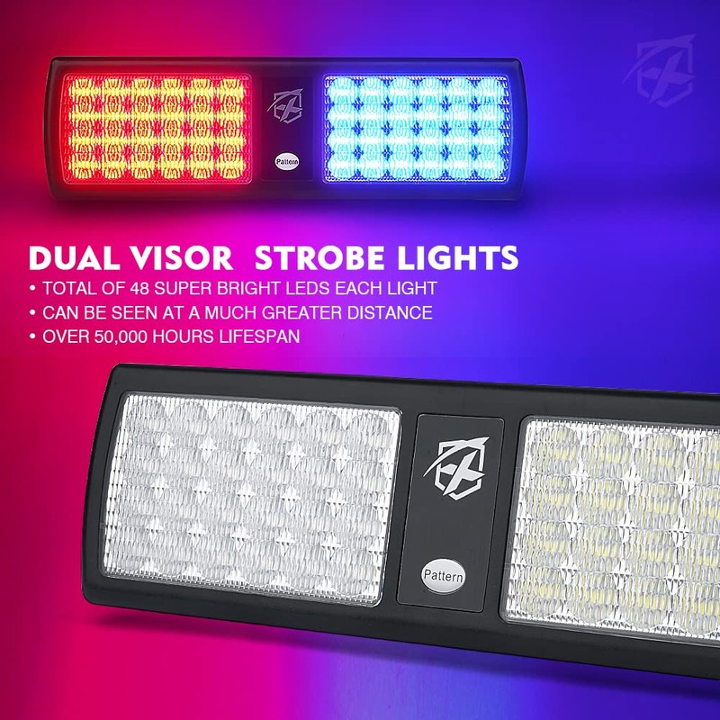 Xprite Red/Blue 2-in-1 Visor Strobe Lights Interior Windshield Emergency Warning