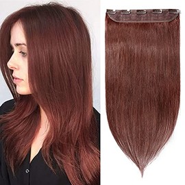 S-noilite 20inch Blodne Clip in Human Hair Extensions One Piece 5 Clips 3/4 Full Head Soft Silky Clip on Remy Hair For Women Gift 50g #33 Dark Auburn