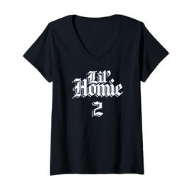 Womens LIL HOMIE 2 Funny Twin Matching Outfits Identical Twin V-Neck T-Shirt