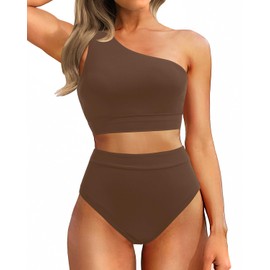 Holipick Brown Women One Shoulder High Waisted Bikini Sets Two Piece Swimsuit Tummy Control Bathing Suit Full Coverage Swimwear L