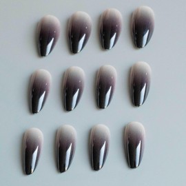 MERVF Almond Press on Nails Medium Fake Black Ombre French Glue ons Nail Gothic Dark Stiletto Acrylic Gradient Design Manicure Glossy 24pcs