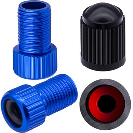 MEAJOO 2PCS Presta Valve Adapter, Aluminum Convert Presta to Schrader Adaptor, Inflate Tire Using Standard Pump or Air Compressor for Bikes, 2 x Black Tire Valve Caps(Vertical Grain Style, Blue)