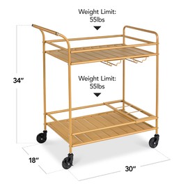Best Choice Products Outdoor Mobile Patio Bar Cart, Home Bar Serving Cart, BBQ Side Table w/ 2 Tier Storage, Wine Rack, Lockable Wheels - Gold